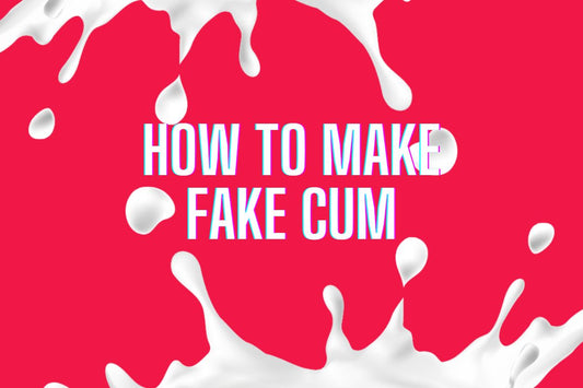 A graphic showcasing crafting your own fake cum, with bold, eye-catching text in the center and decorative splashes representing the theme